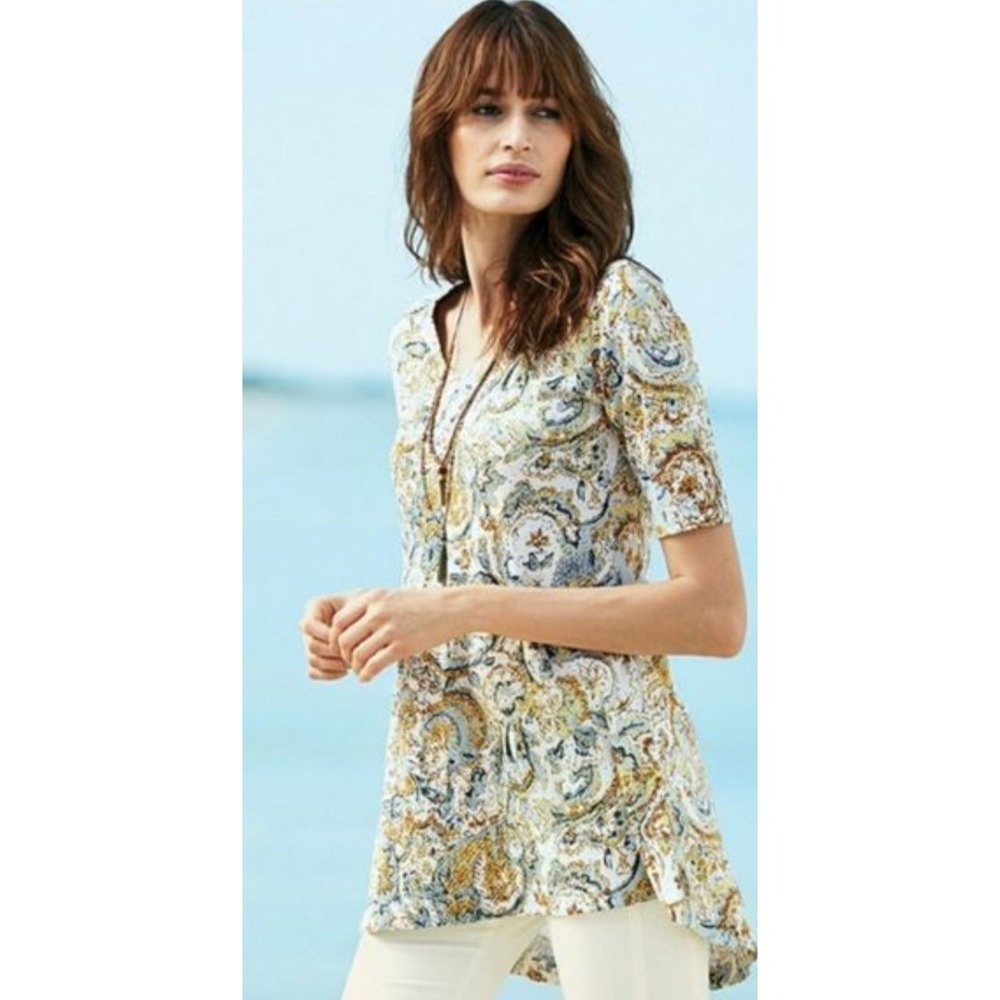 Peruvian‎ connection L boho beach artsy paisley abstract trade route tunic top